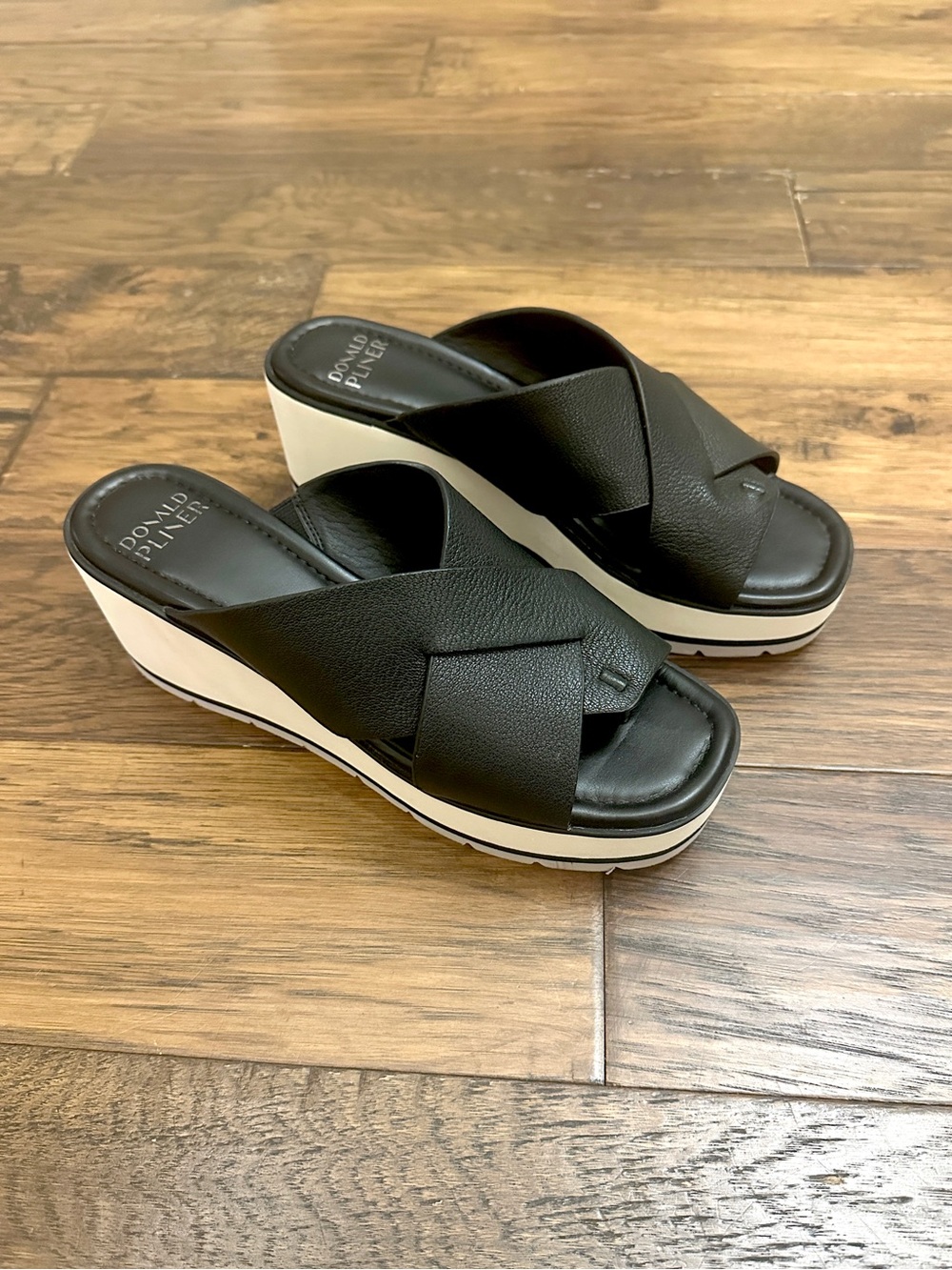 Donald J. Pliner Black and White Crisscross Wedge Slides
